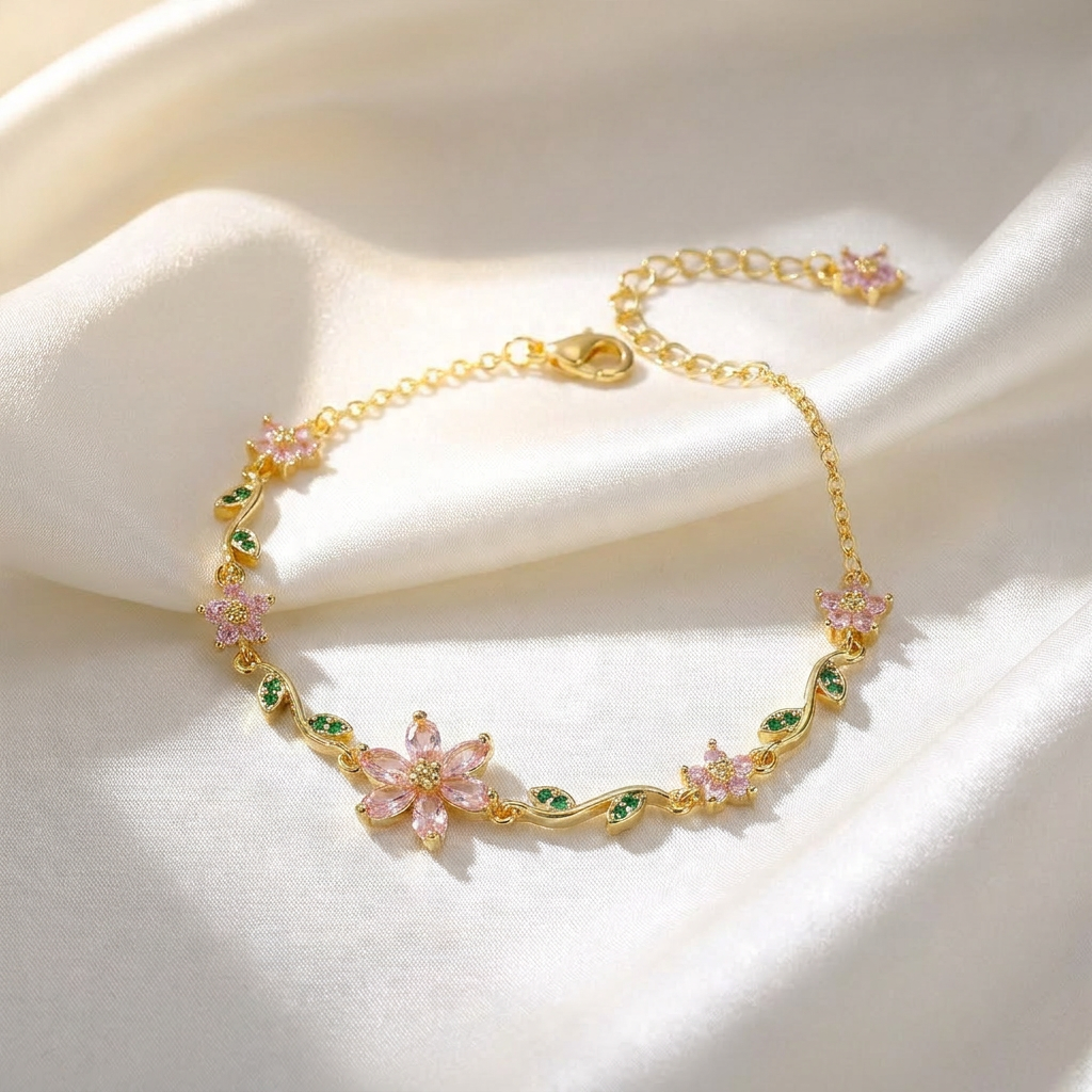 Gold bracelet with pink floral charms on a white fabric background